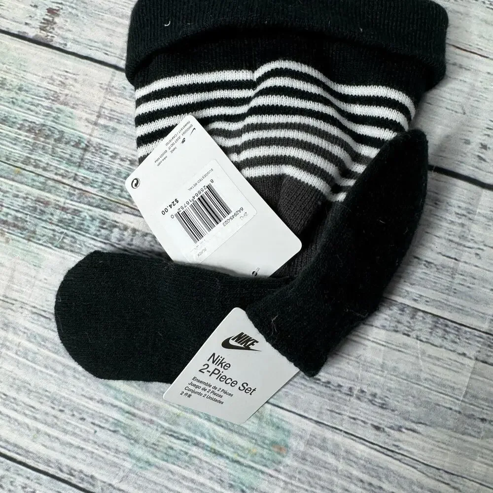 Nike Beanie and Mitten Set Black Stripes NEW Baby 12/24 Months